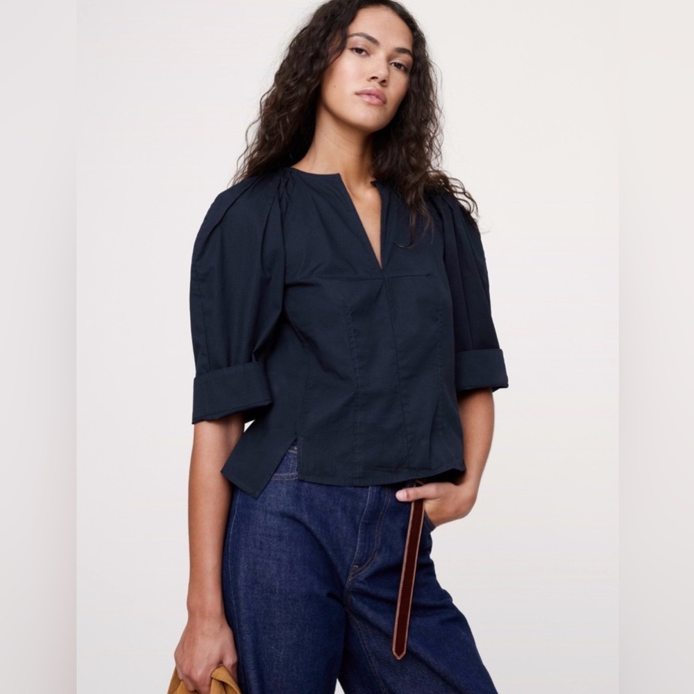 NWT! Banana Republic Navy Stretch Cotton Volume-Sleeve Top (#851683) 🕰️ Small